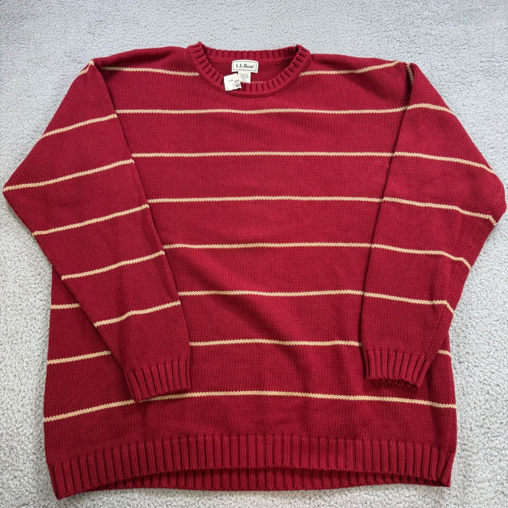LL Bean Mens Sweater Red Tan Stripe Crew Neck Long Sleeve Cotton Size XXL‎ Tall